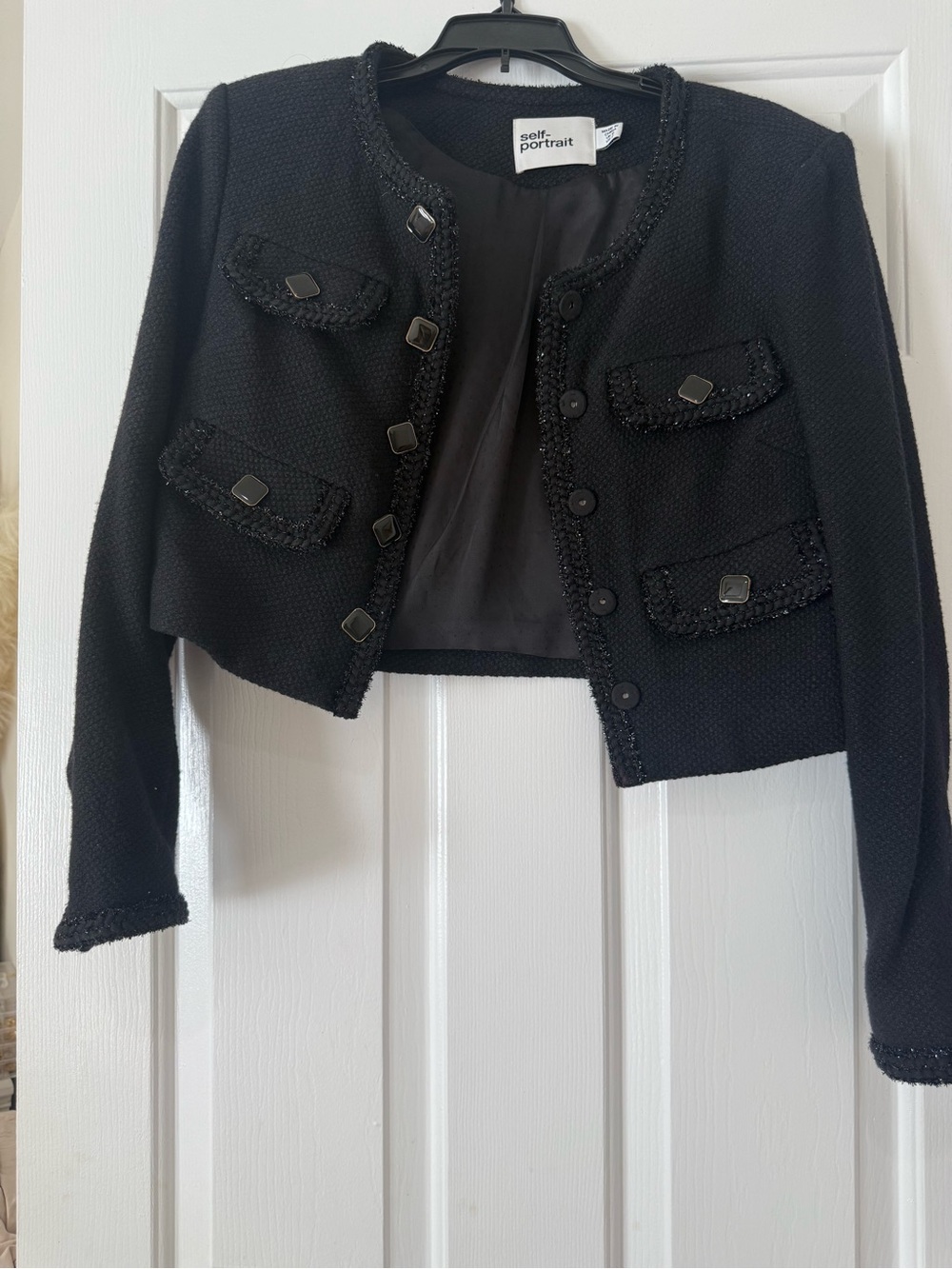 Self-Portrait Black Cropped Tweed Jacket, Bralette, Skirt Outfit Set